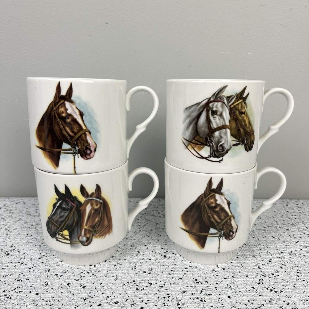 Vintage 60s Schumann Arzberg Germany Bavaria Porcelain Horse‎ Mugs Set of 4